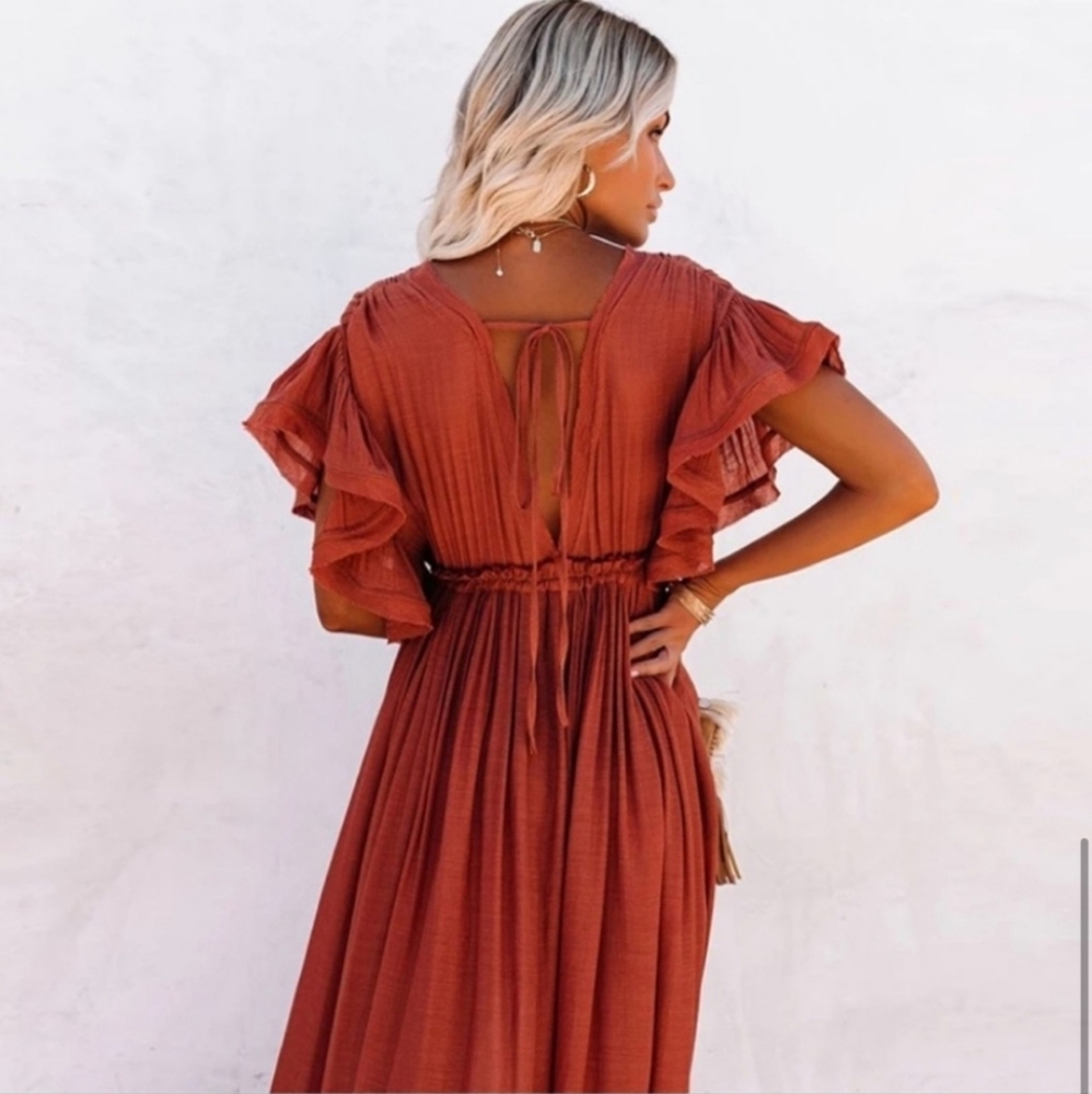NEW Boho Chic Maxi Deep Plunge Cover Up Dress Gauze Rust Copper Red Orange - Picture 5 of 13